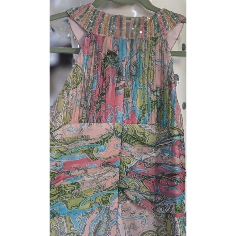 Cachet Women's Sz 6 Dress Pink & Green Blue Beaded Neckline Paisley Print - Picture 5 of 16
